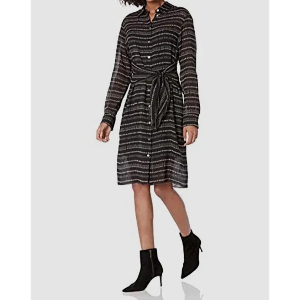 Theory Women's Black Silk Collared Waist Tie Long Sleeve Shirt Dress Size S‎